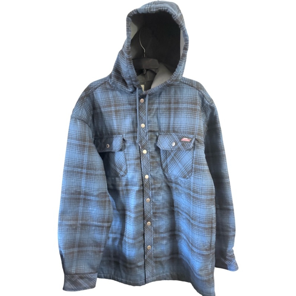 Dickies Jacket Mens Black Plaid Hoodie Snap Pockets Fleece Drawstring Size L